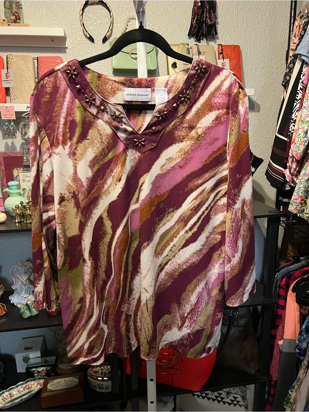 Alfred Dunner Multicolor Abstract V-Neck Tunic with Stud Detail